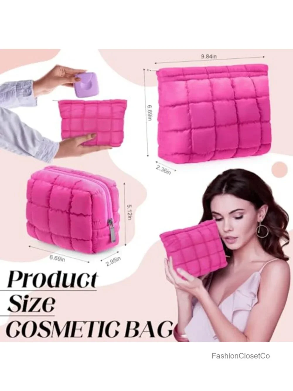 Quilted Cosmetic Bag Set Puffy Makeup Pouch Travel Toiletry Organizer Zipper